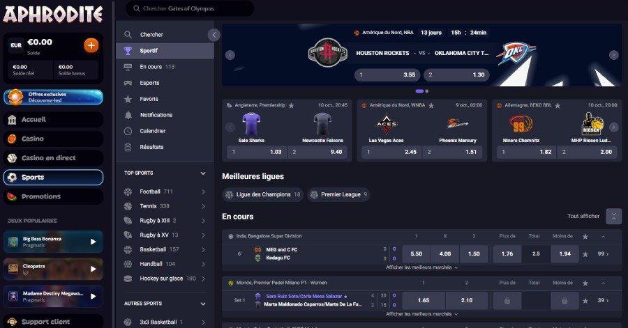 Aphrodite Casino sports betting page