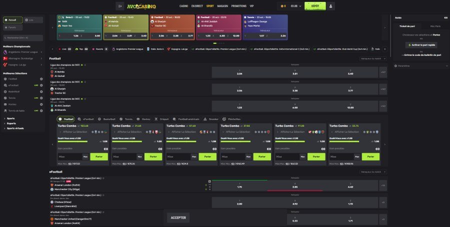 Avocasino sports betting page