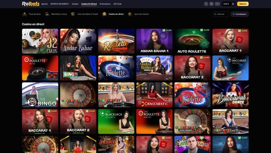 Roibets Casino page du casino en direct