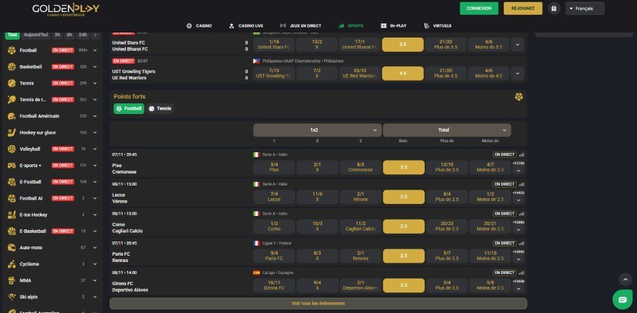 GoldenPlay Casino sports betting page