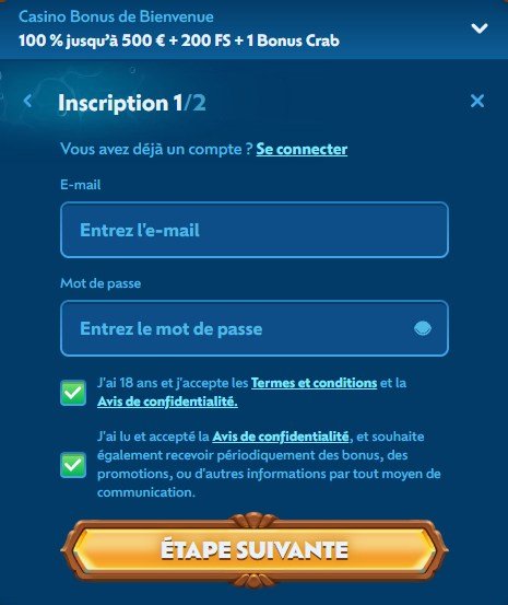 Winbay Casino sign-up step 2