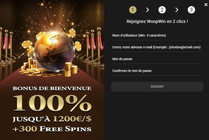 woopwin signup Woopwin Casino sign-up step 1
