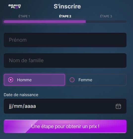 BravoPlay Casino sign-up step 2
