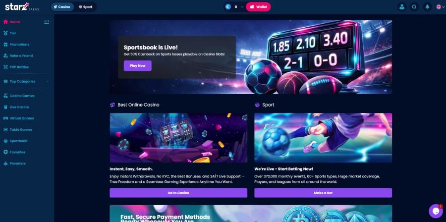 StarzSpins Casino homepage